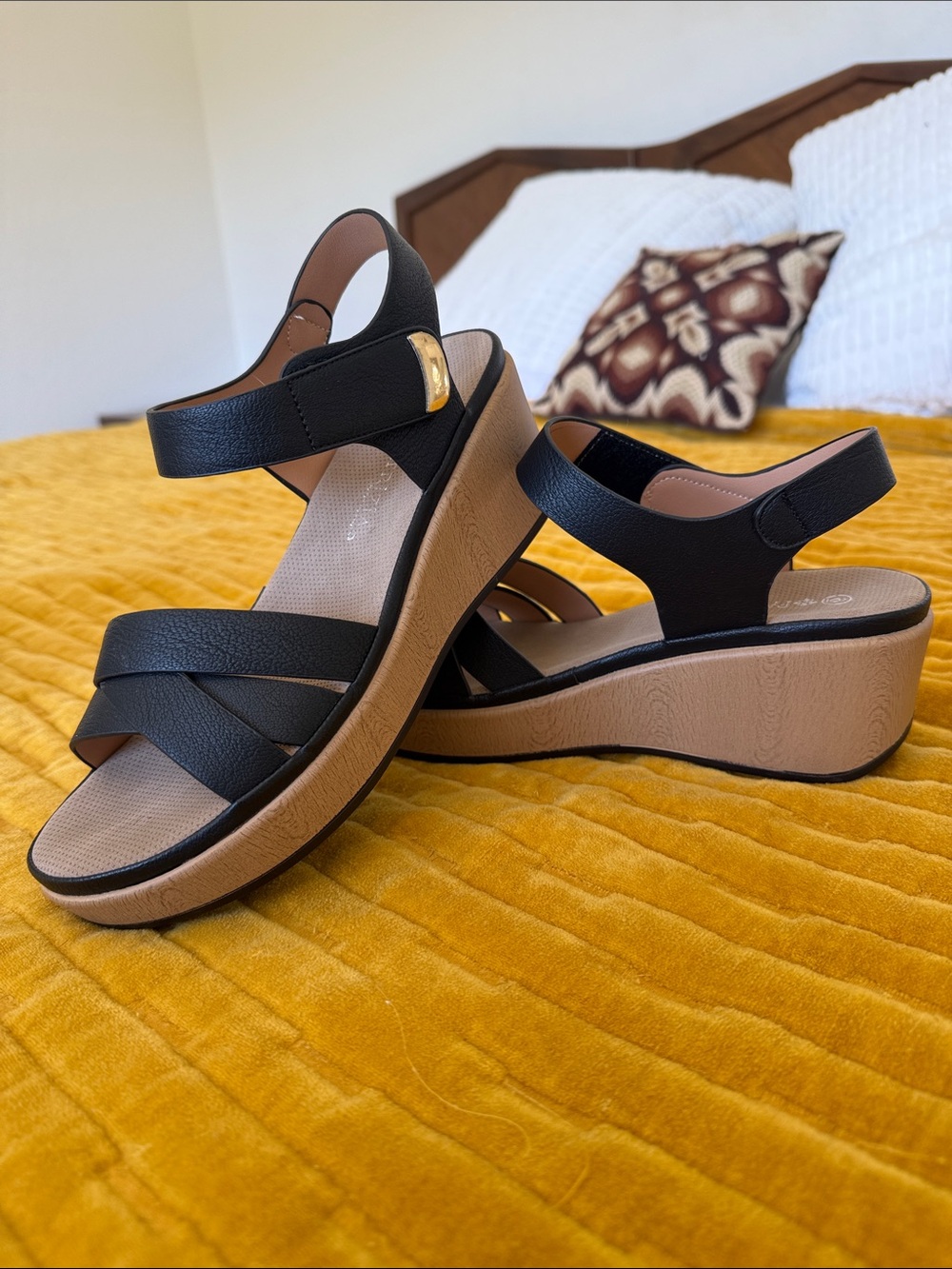 PATRIZIA Spring step Black Leatherette Wedge Sandals - Comfort